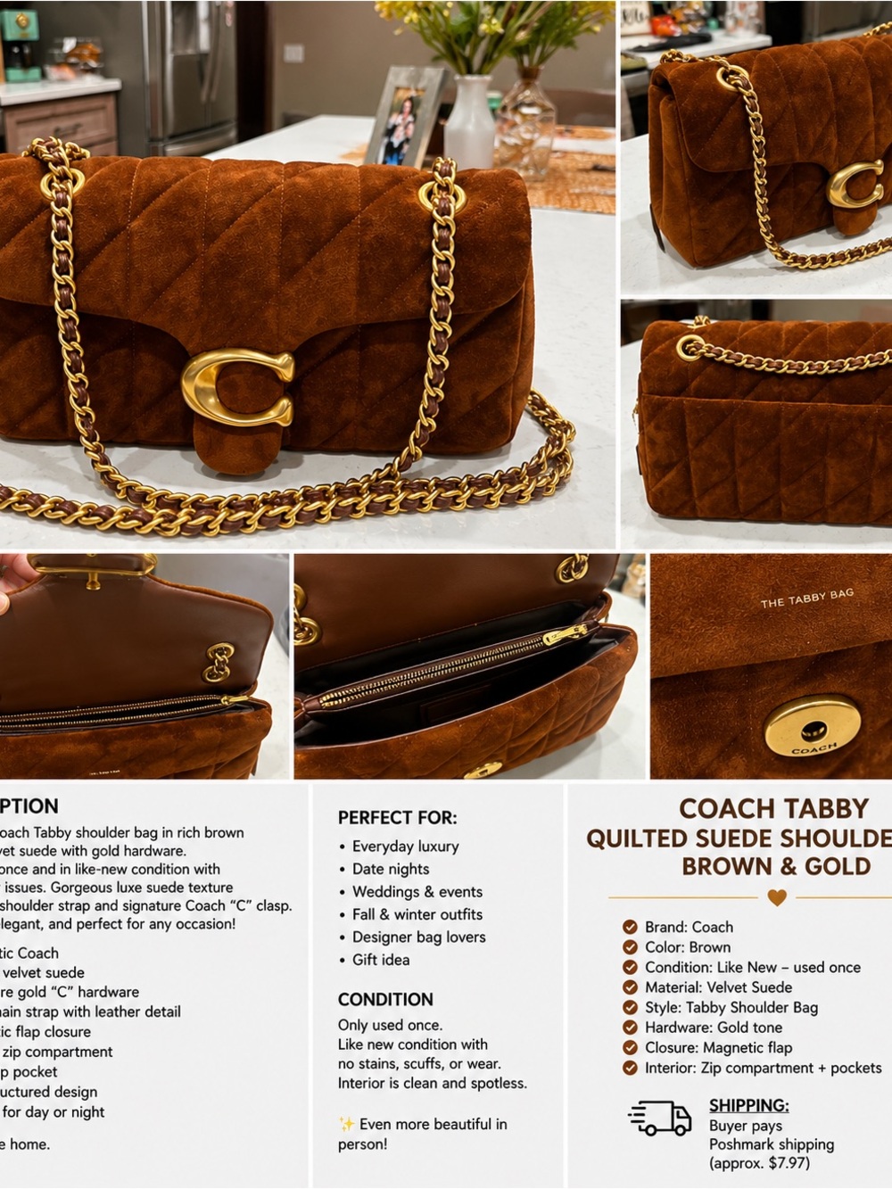 Coach Tabby Quilted Suede Shoulder Bag — Brown & Gold